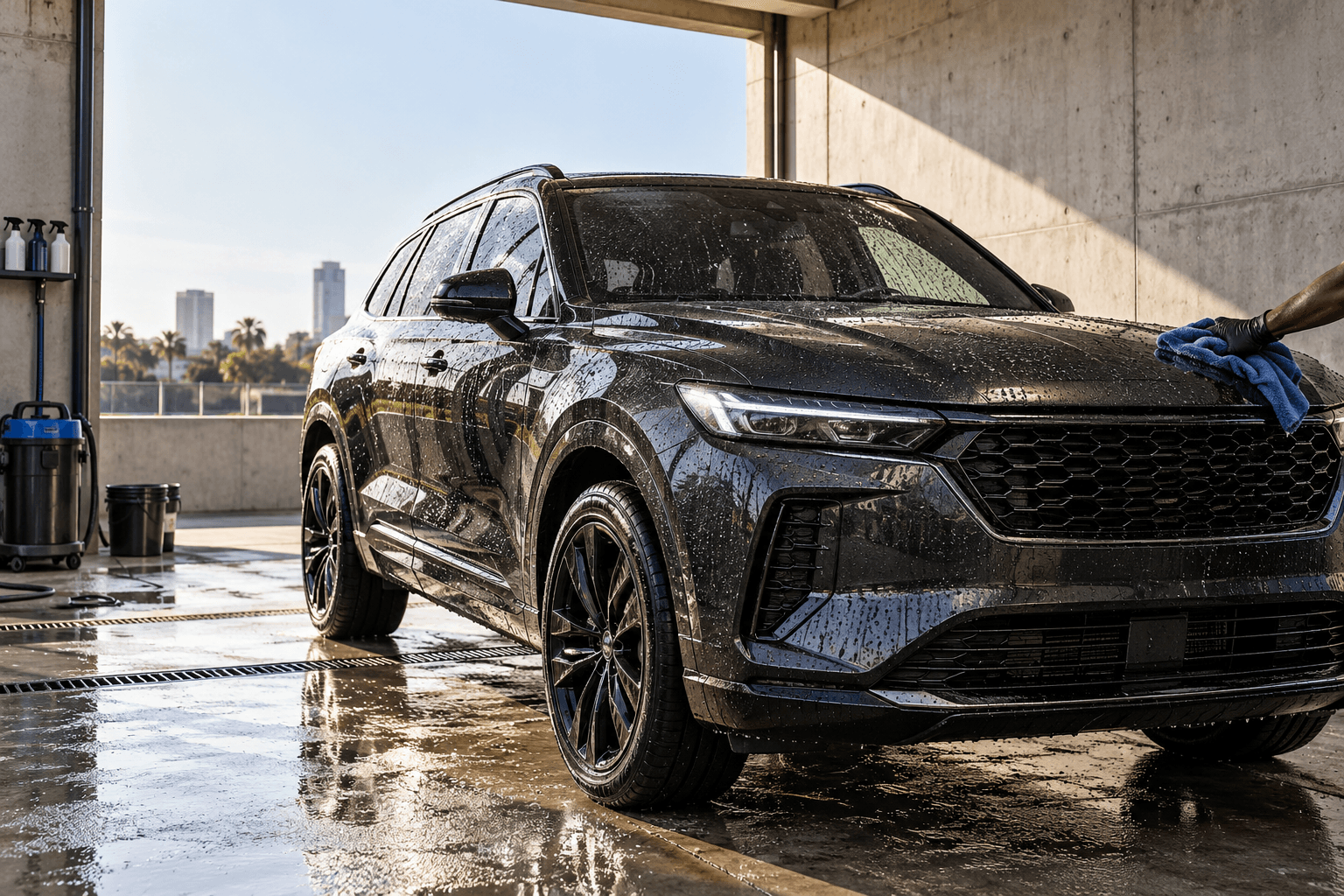 A freshly washed graphite SUV being detailed in a daylight car-care bay